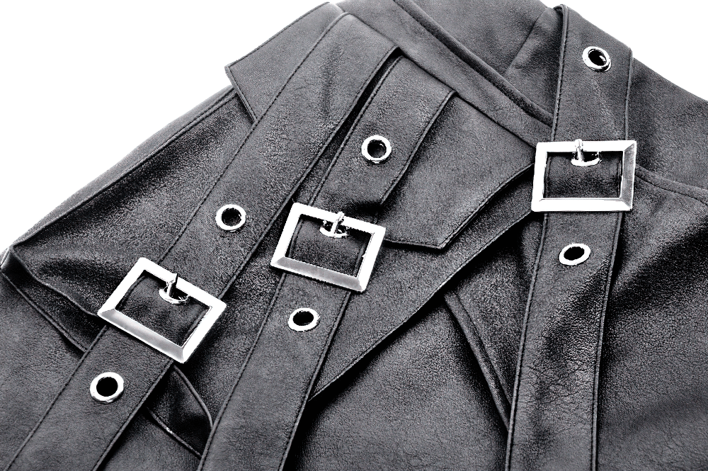 Black Punk Mini Skirt in Faux Leather with Strap Belts