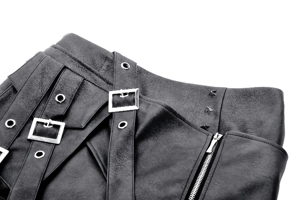 Black Punk Mini Skirt in Faux Leather with Strap Belts