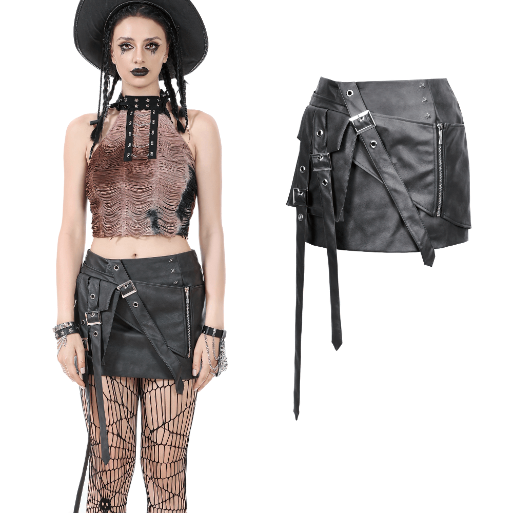 Black Punk Mini Skirt in Faux Leather with Strap Belts