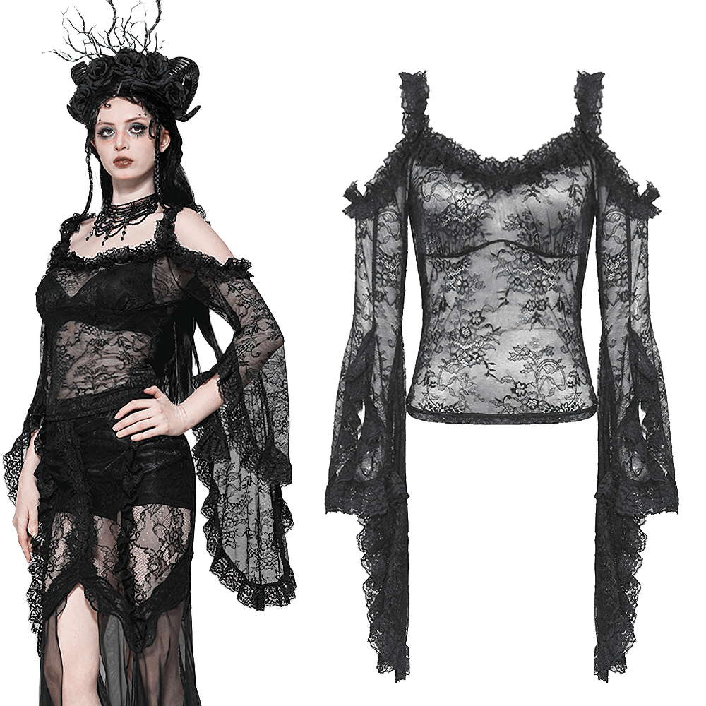 Black Sheer Lace Top with Flowing Dramatic Bell Sleeves