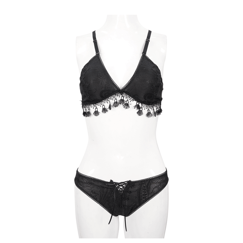 Black Swimsuit: Brocade Detail, Women's Lace-Up Bikini