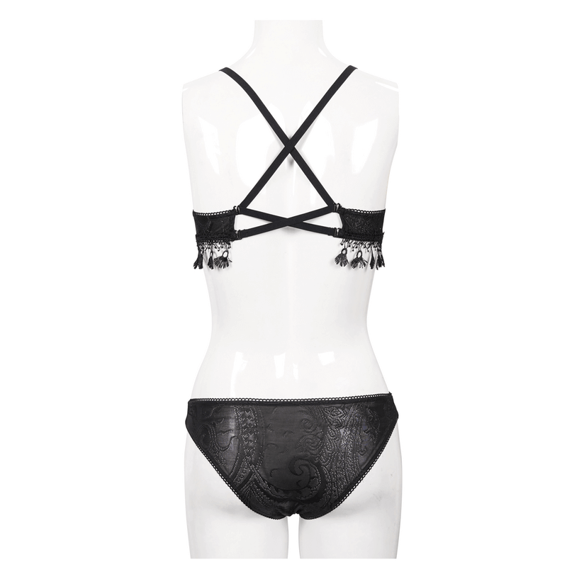 Black Swimsuit: Brocade Detail, Women's Lace-Up Bikini
