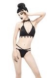 Schwarzer Damen-Bikini mit Halsband / Badeanzug-Set mit Gothic-Spitzenapplikation