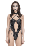 Black Women's Vinyl Lace-Up Strappy Bodysuit with Choker