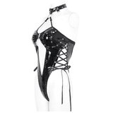 Black Women's Vinyl Lace-Up Strappy Bodysuit with Choker