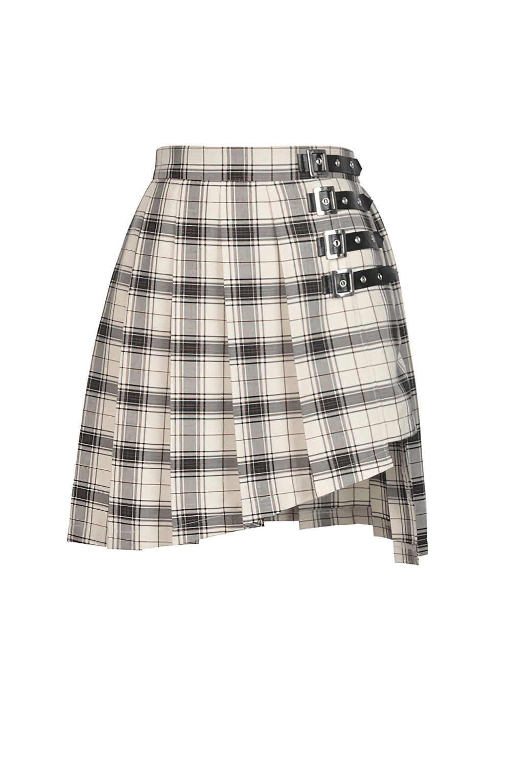 Bold Buckles Elevate Edgy Plaid Asymmetrical Skirt