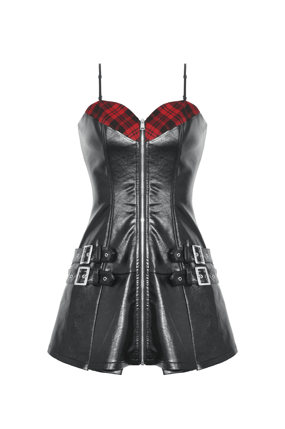 Bold Faux Leather and Plaid Mini Dress with Buckle Details