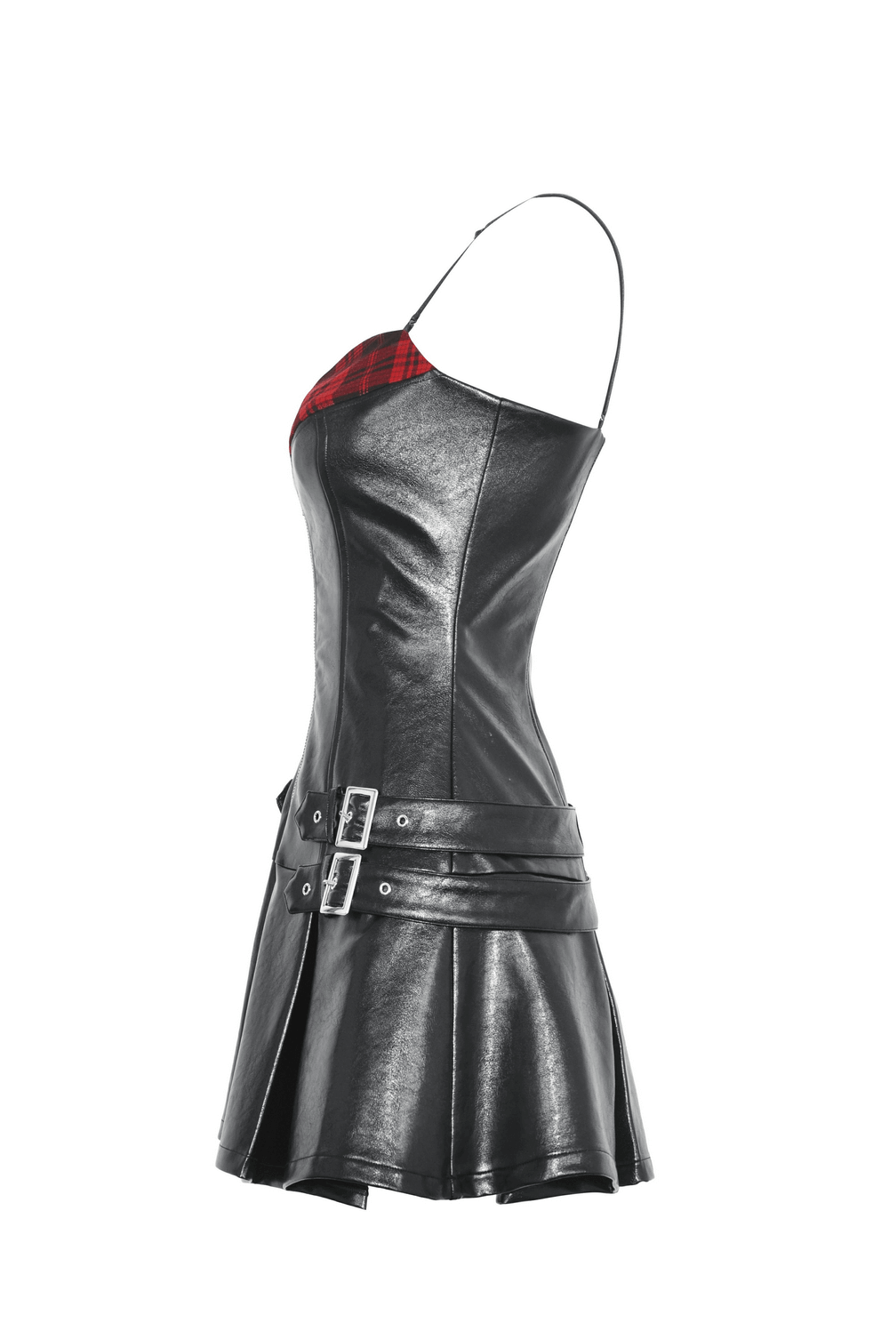 Bold Faux Leather and Plaid Mini Dress with Buckle Details