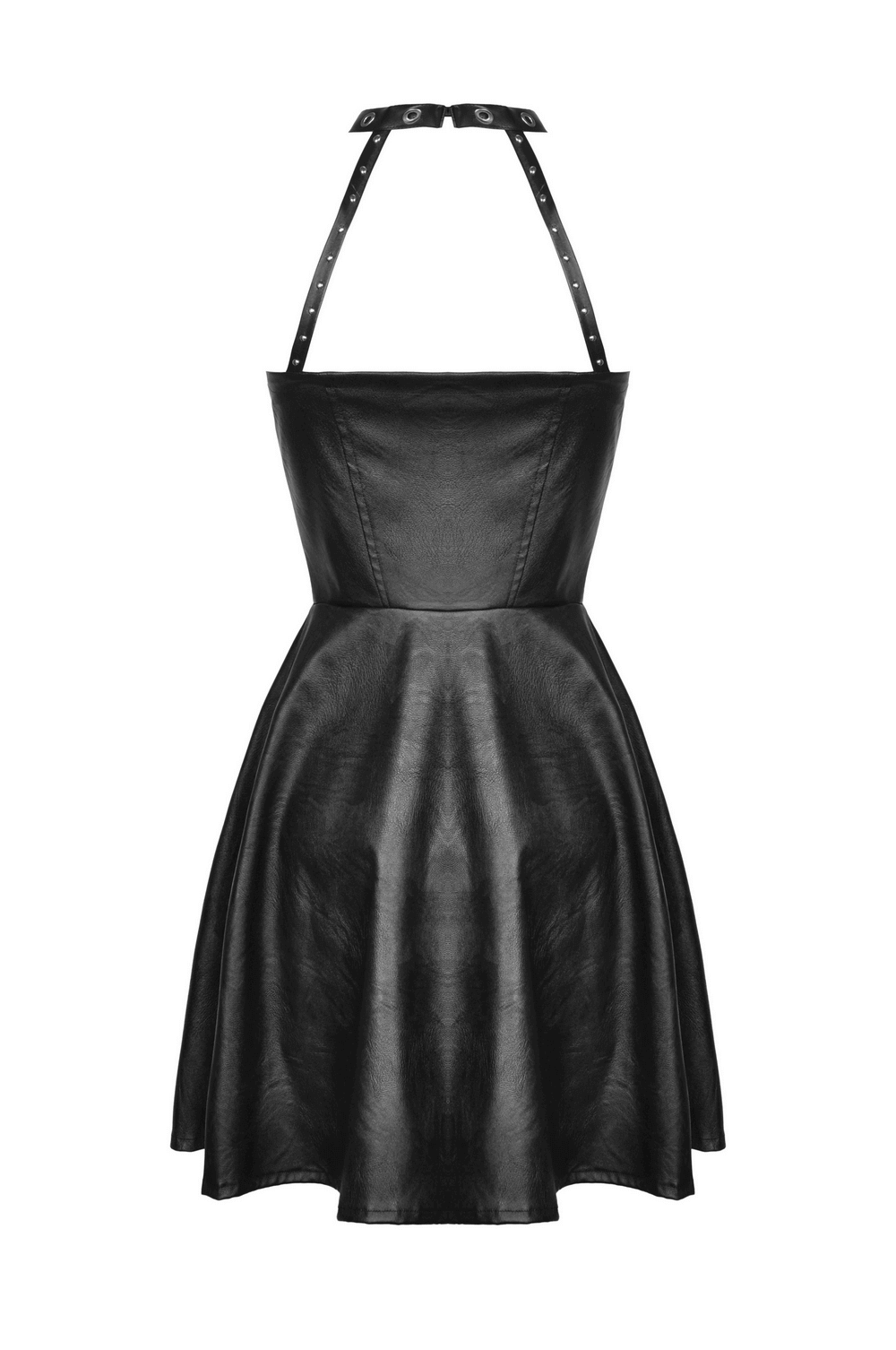 Bold Faux Leather Halter Dress with Metallic Accents