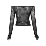 Bold Punk Print Velvet Mesh Top With Half-Finger Cuffs