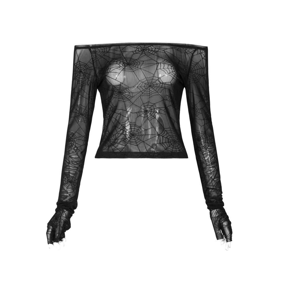 Bold Punk Print Velvet Mesh Top With Half-Finger Cuffs