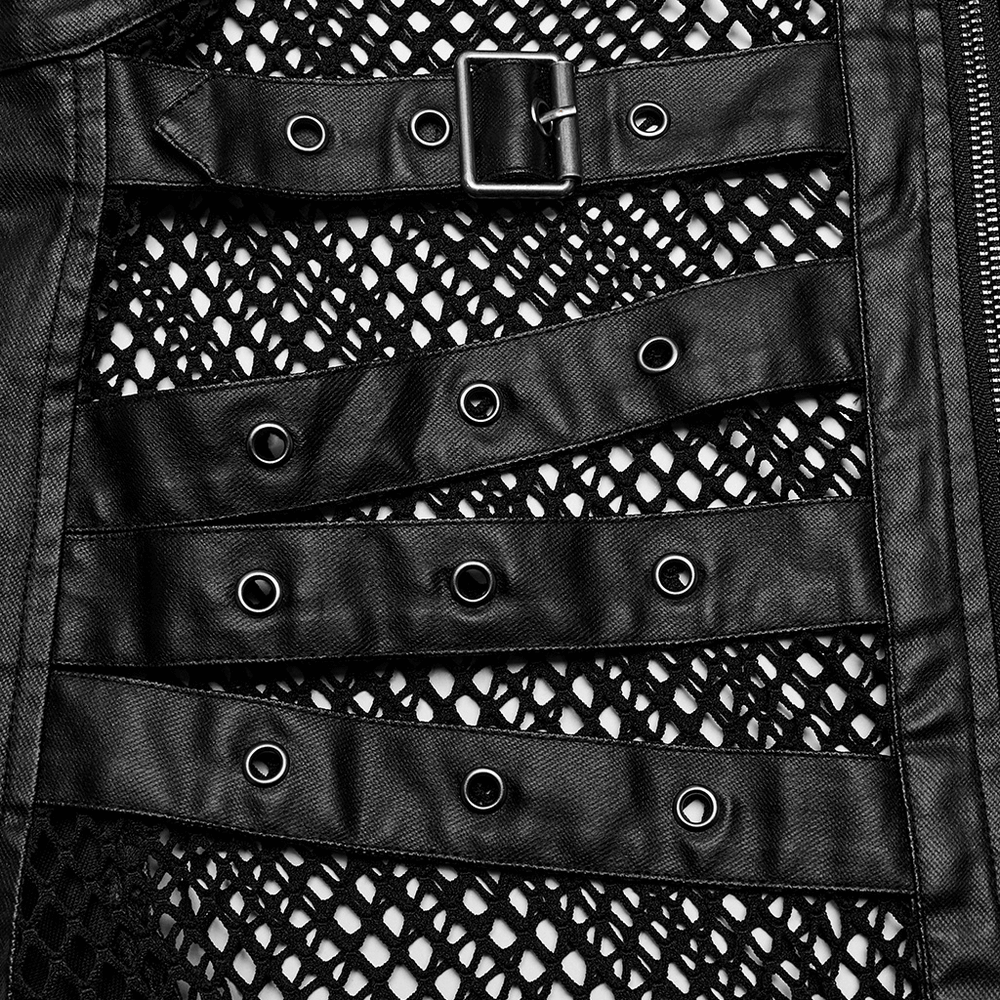 Bold Zippered Black Leather Punk Vest with Mesh Back