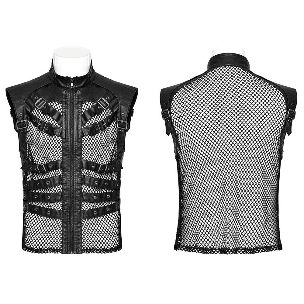 Bold Zippered Black Leather Punk Vest with Mesh Back