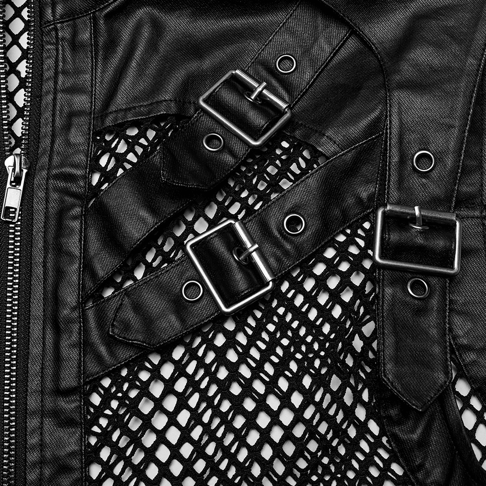 Bold Zippered Black Leather Punk Vest with Mesh Back