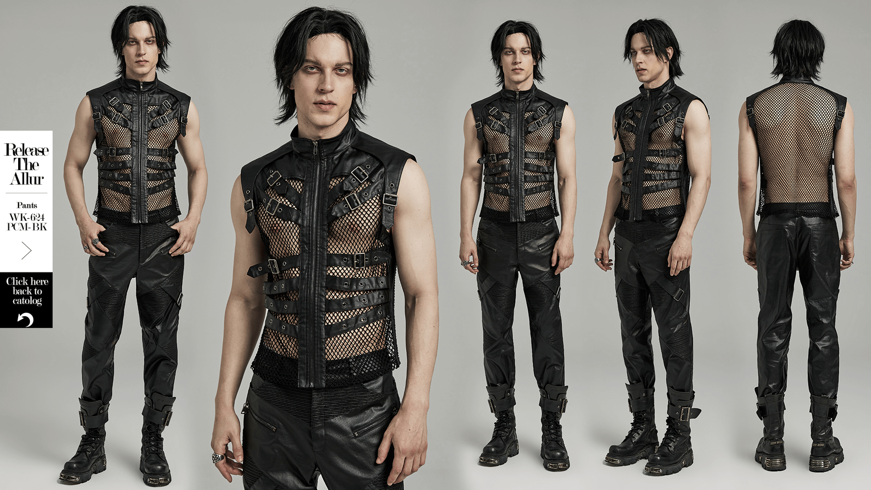 Bold Zippered Black Leather Punk Vest with Mesh Back