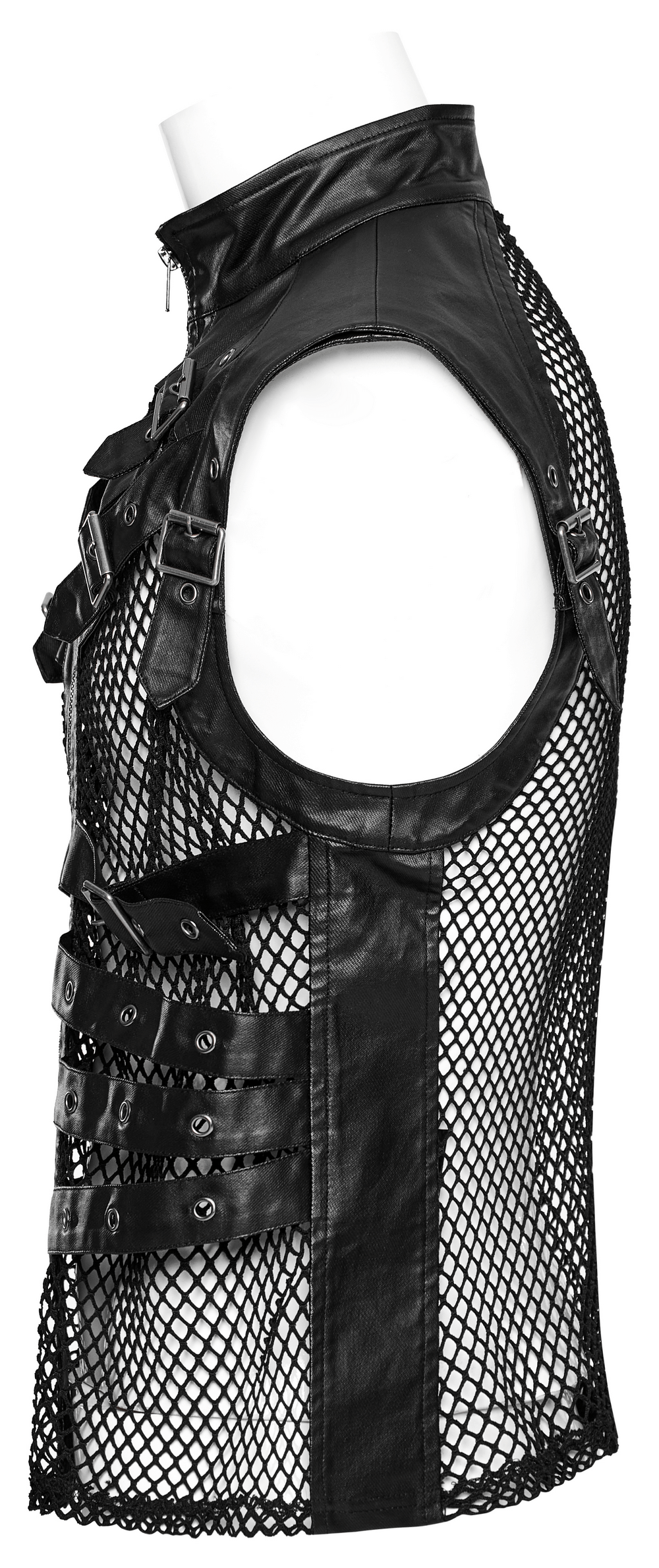 Bold Zippered Black Leather Punk Vest with Mesh Back