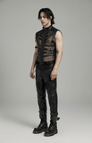Bold Zippered Black Leather Punk Vest with Mesh Back