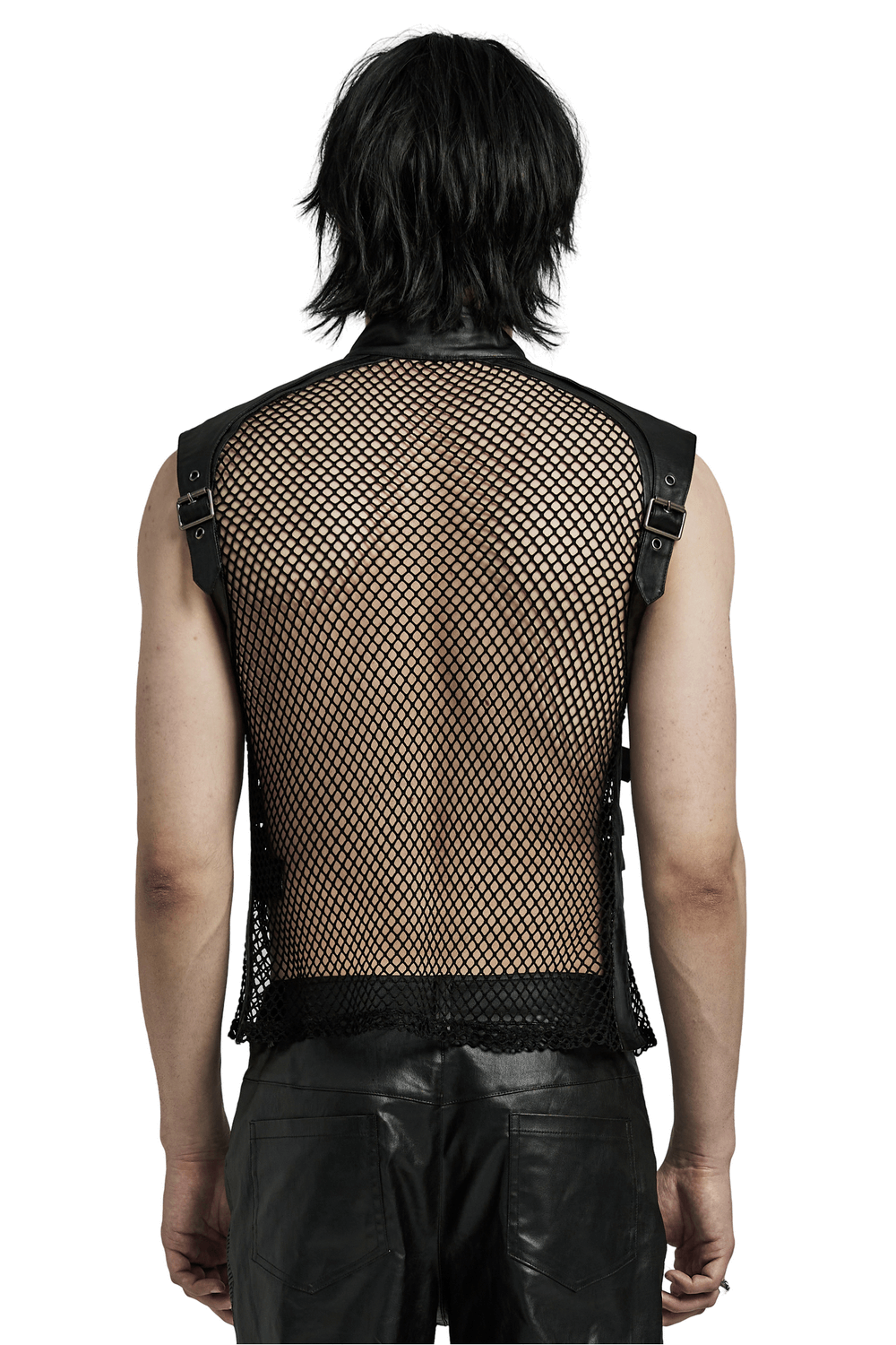 Bold Zippered Black Leather Punk Vest with Mesh Back