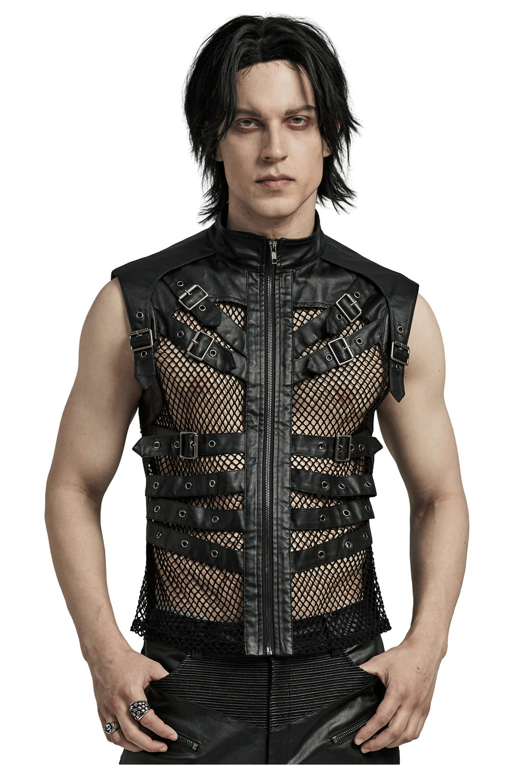 Bold Zippered Black Leather Punk Vest with Mesh Back