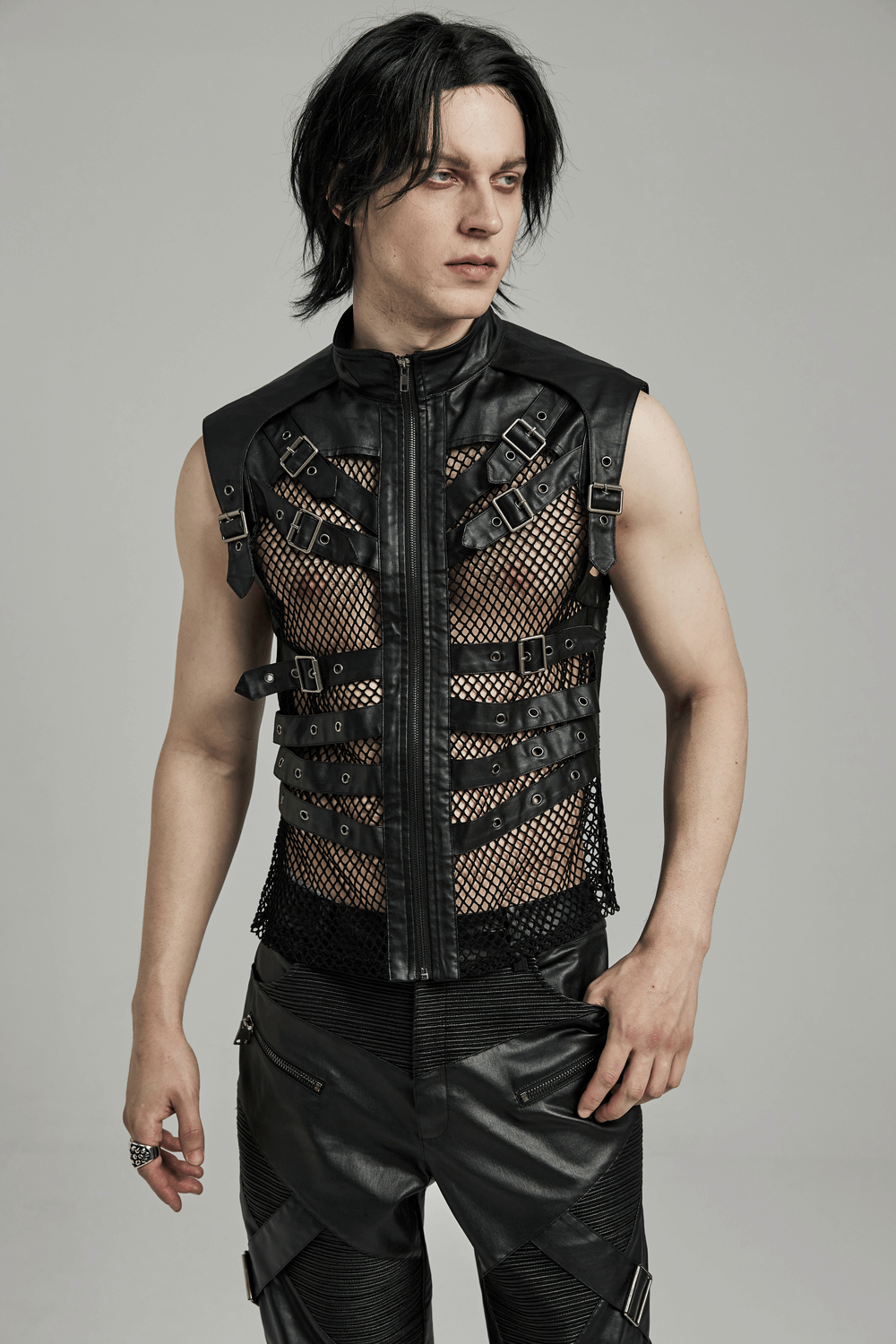 Bold Zippered Black Leather Punk Vest with Mesh Back