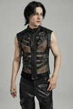 Bold Zippered Black Leather Punk Vest with Mesh Back