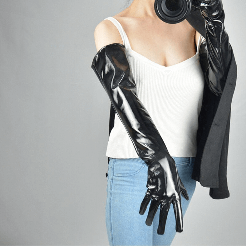 Bright Black Female Gloves / Patent Leather Long Gloves / Women's Mittens Different Lengths - EVE's SECRETS