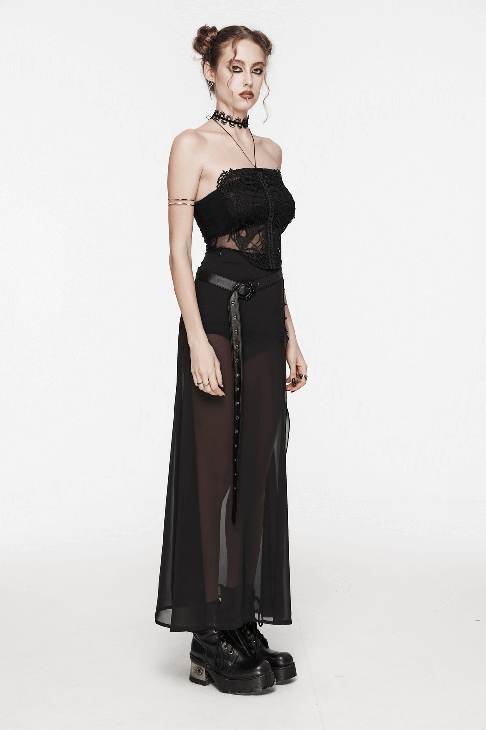 Chic Belted Maxi Skirt in Sheer Black Chiffon