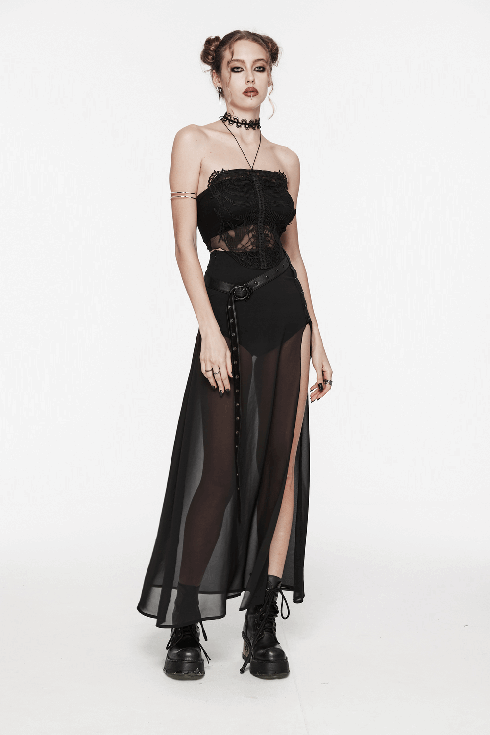 Chic Belted Maxi Skirt in Sheer Black Chiffon