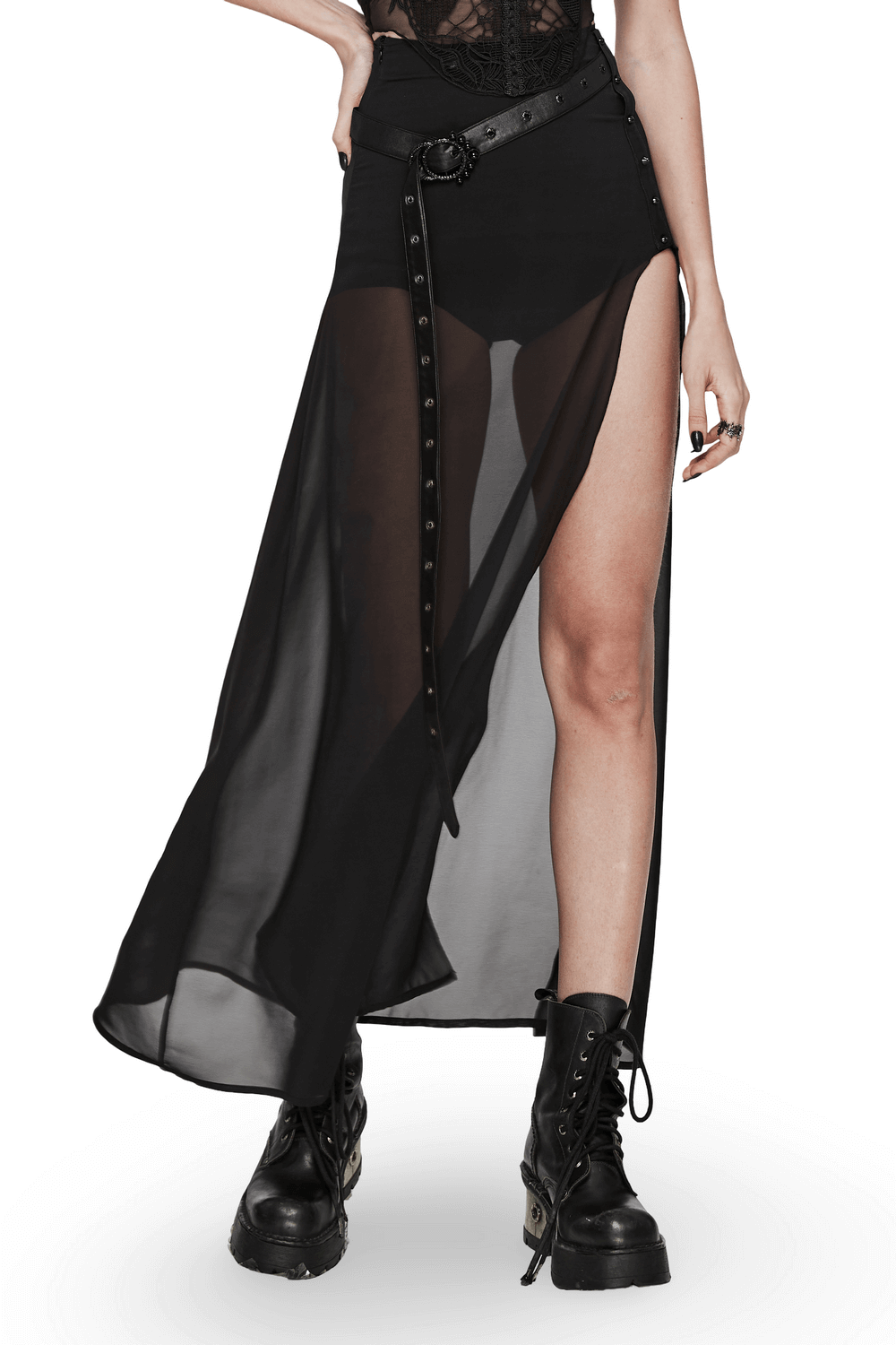 Chic Belted Maxi Skirt in Sheer Black Chiffon