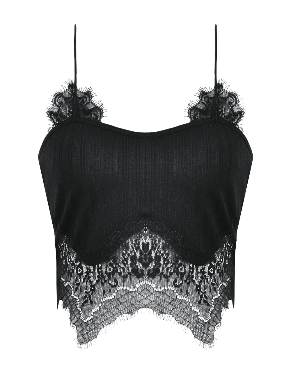 Chic Black Camisole Top with Lace Trim and Ribbed Detail