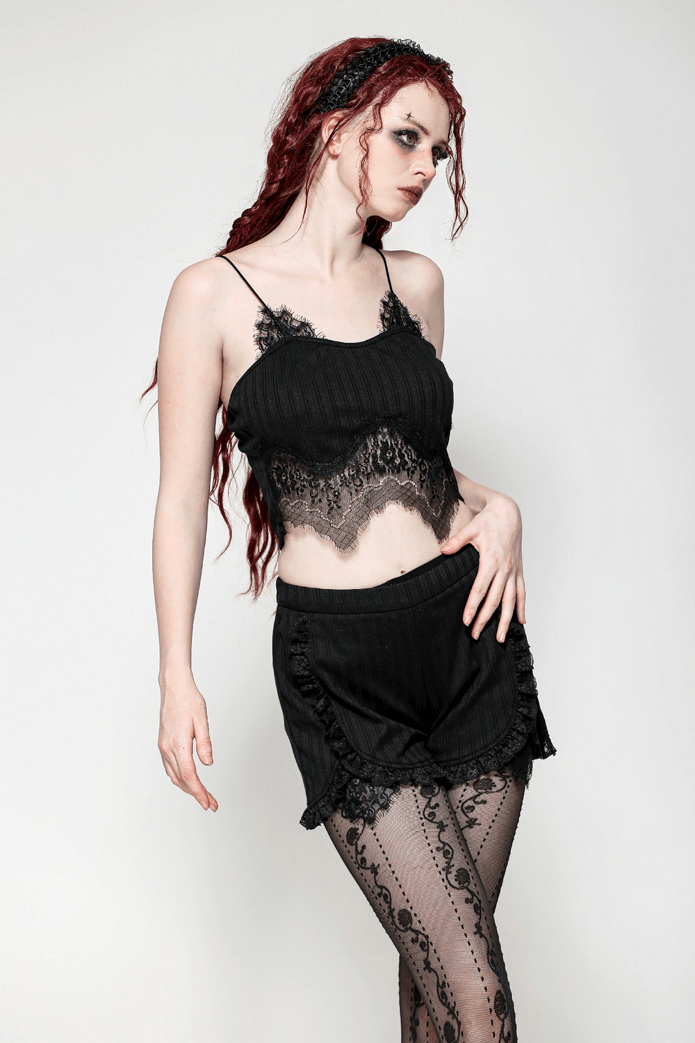 Chic Black Camisole Top with Lace Trim and Ribbed Detail