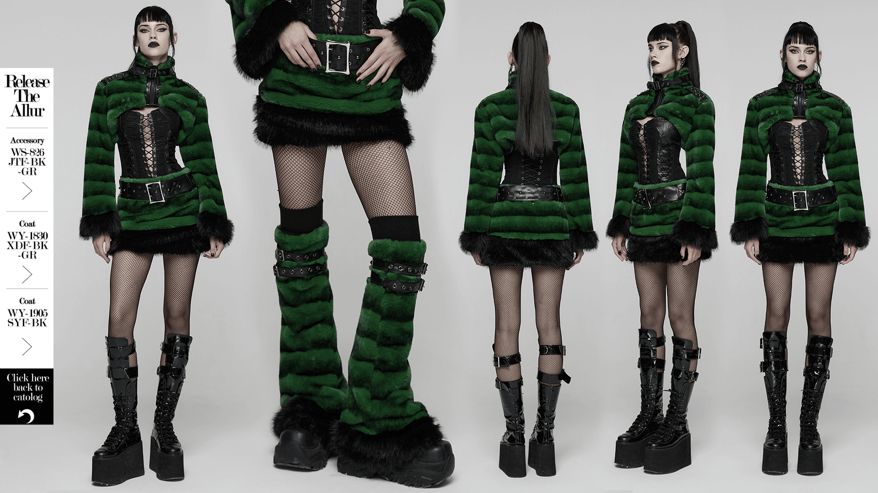 Chic Black-Green Faux Fur Mini Skirt with Belt Detailing