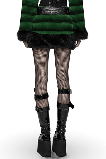 Chic Black-Green Faux Fur Mini Skirt with Belt Detailing
