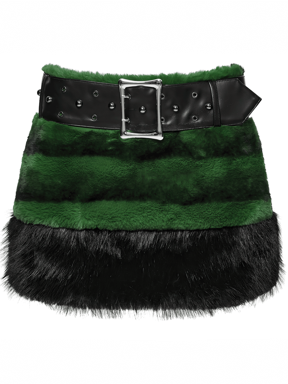 Chic Black-Green Faux Fur Mini Skirt with Belt Detailing