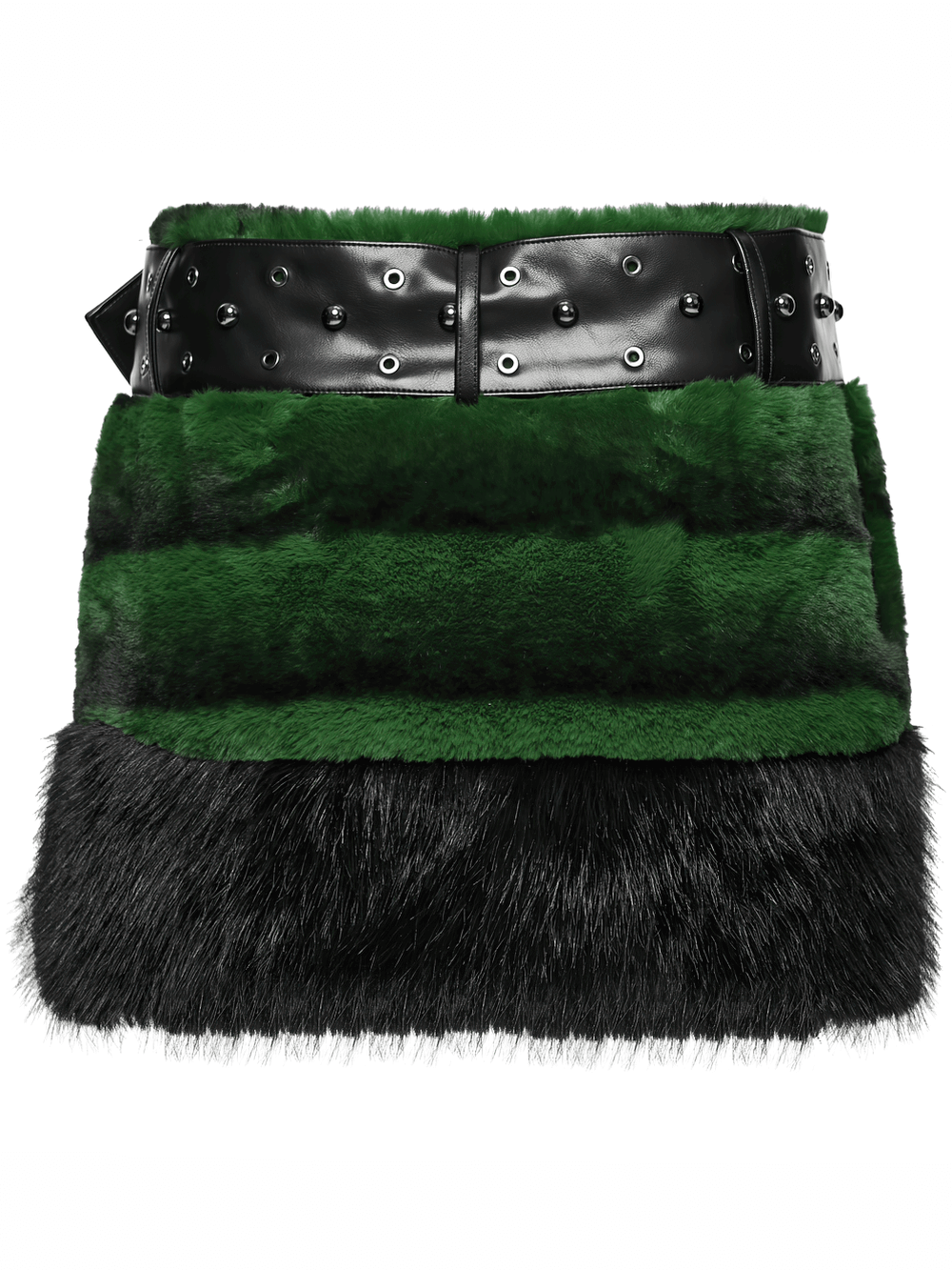 Chic Black-Green Faux Fur Mini Skirt with Belt Detailing