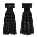 Chic Gothic Lace Dress with Layered Ruffled Chiffon Design