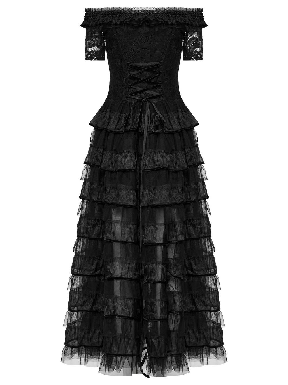 Chic Gothic Lace Dress with Layered Ruffled Chiffon Design