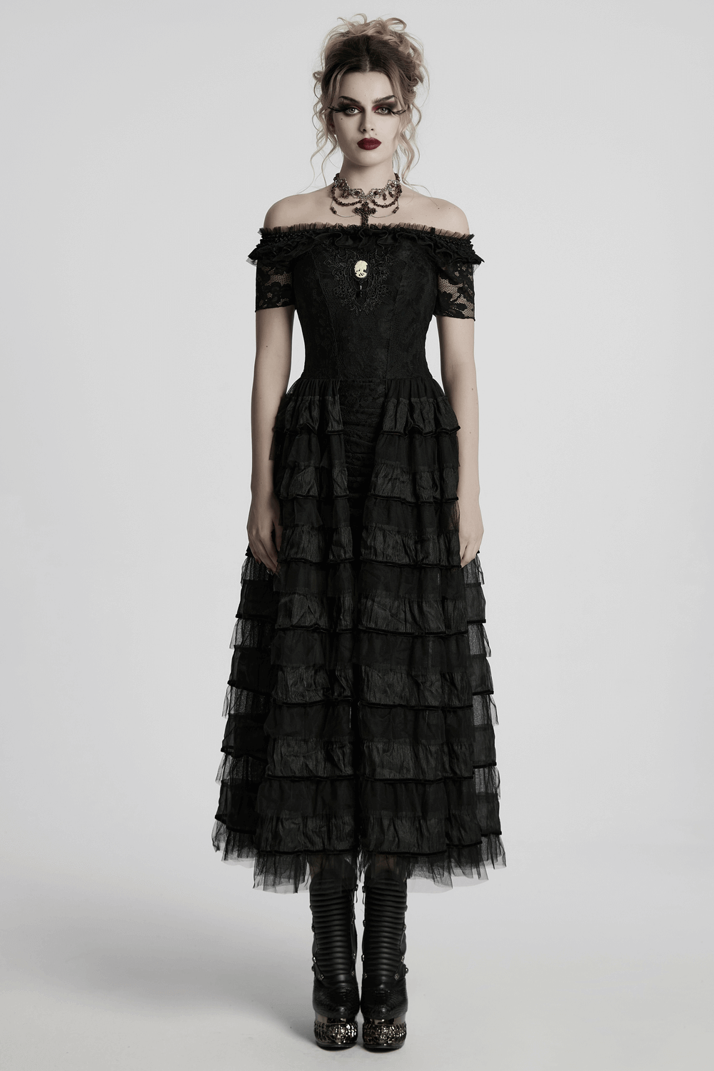 Chic Gothic Lace Dress with Layered Ruffled Chiffon Design