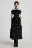 Chic Gothic Lace Dress with Layered Ruffled Chiffon Design