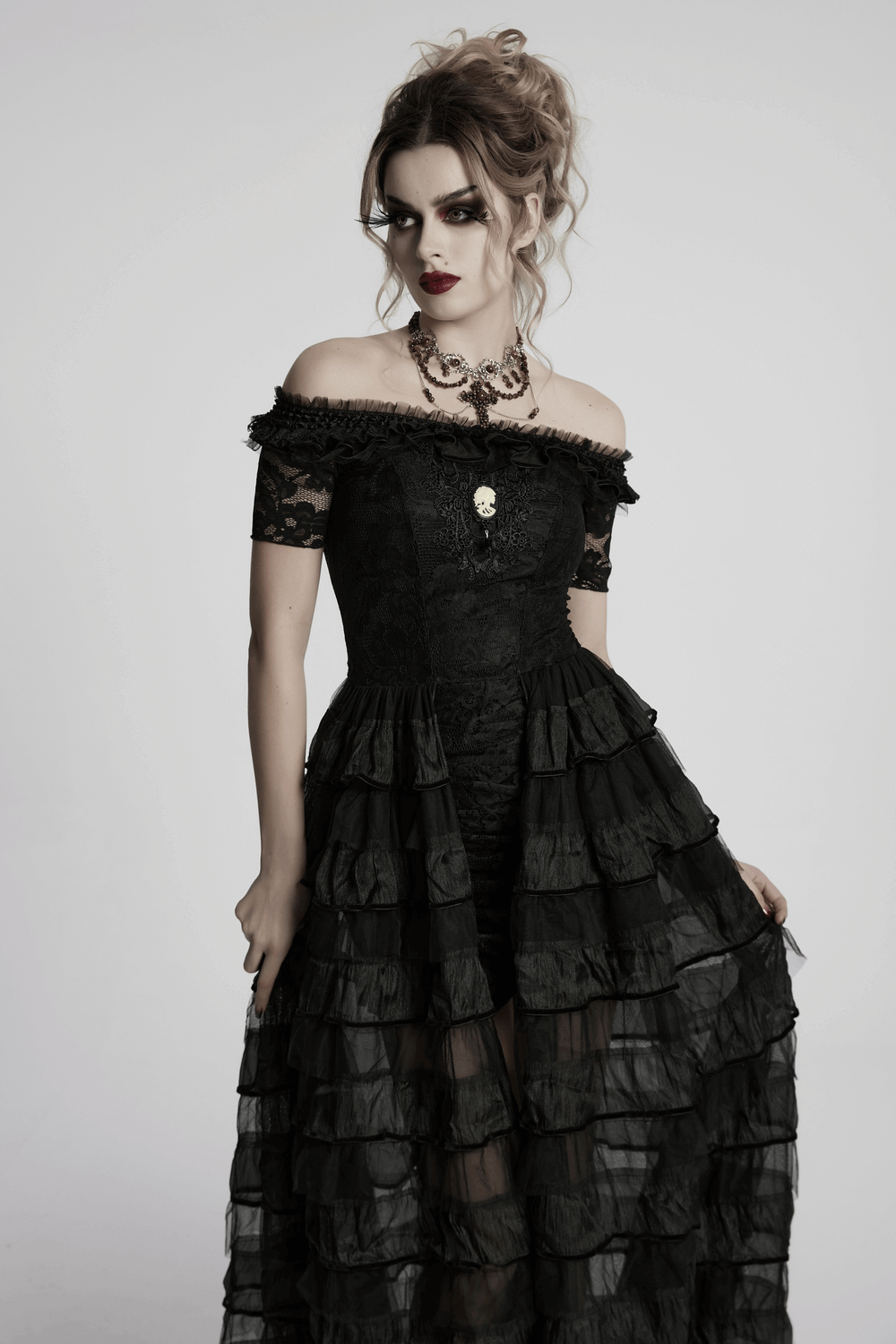 Chic Gothic Lace Dress with Layered Ruffled Chiffon Design