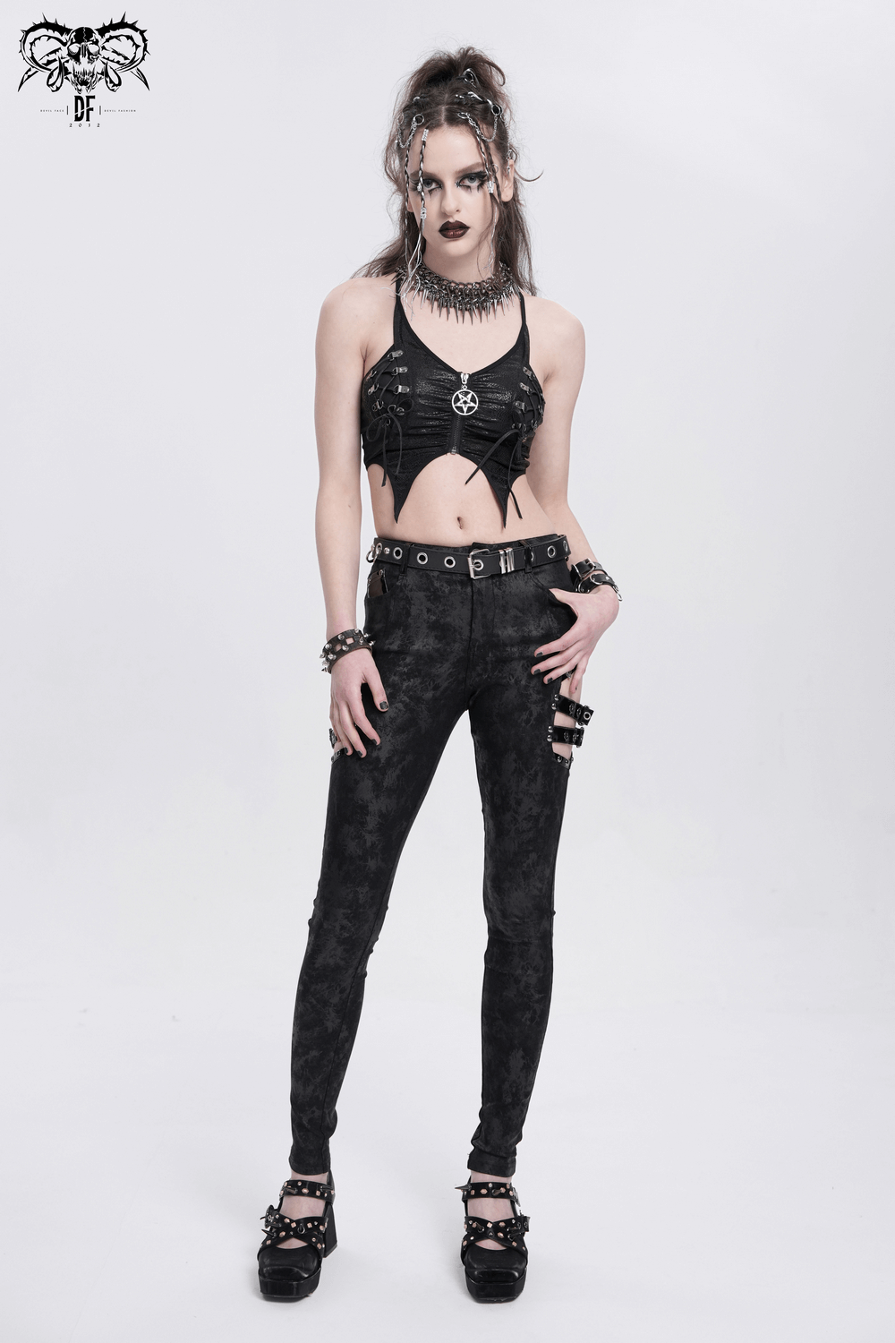 Chic Gothic Trousers with Side Buckles and Pockets