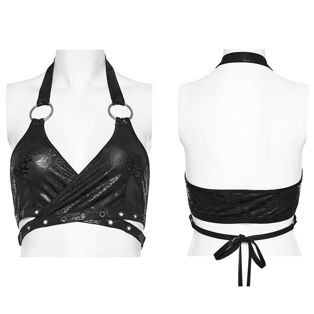 Chic Halterneck Crop Top in Black with Ring Embellishments