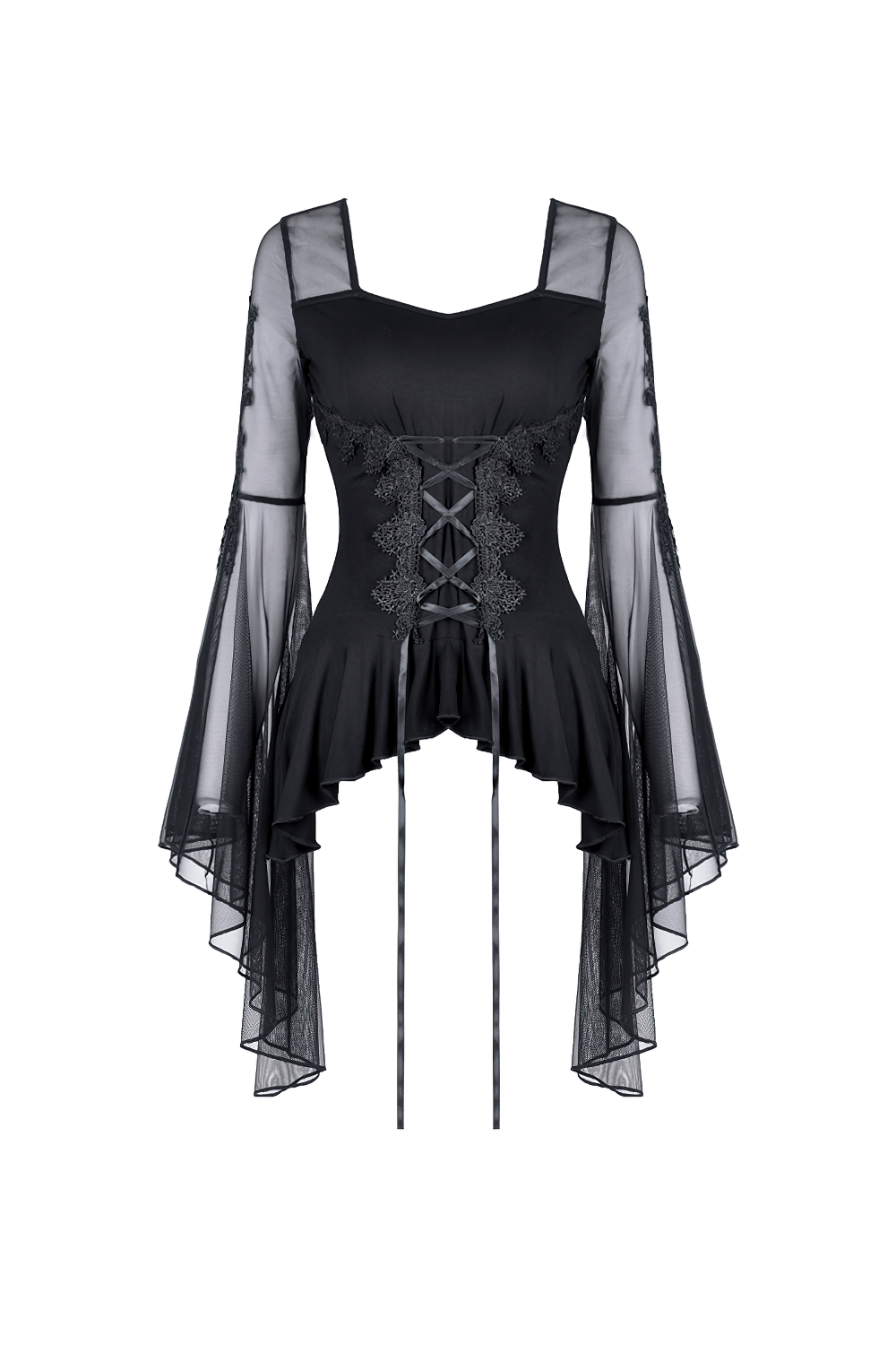 Dark gothic lace-up top with ruffled hem and sheer long sleeves, perfect for a stylishly mysterious look.