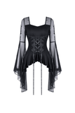 Dark gothic lace-up top with ruffled hem and sheer long sleeves, perfect for a stylishly mysterious look.