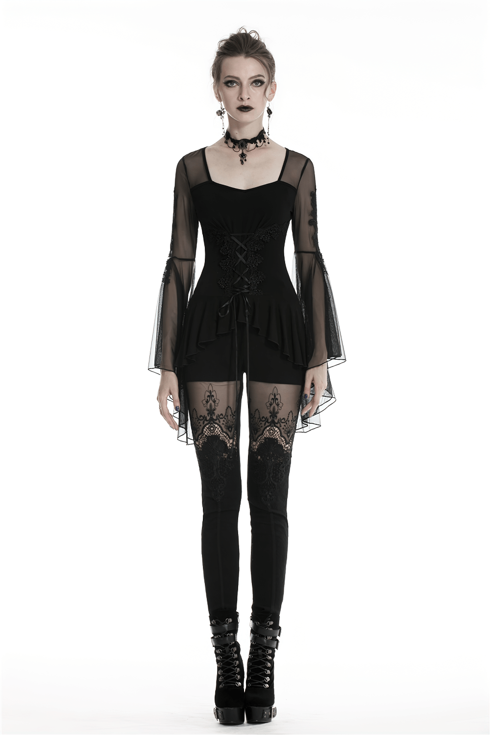 Dark gothic lace-up top with sheer long sleeves and ruffled hem, perfect for a mysterious, edgy look.