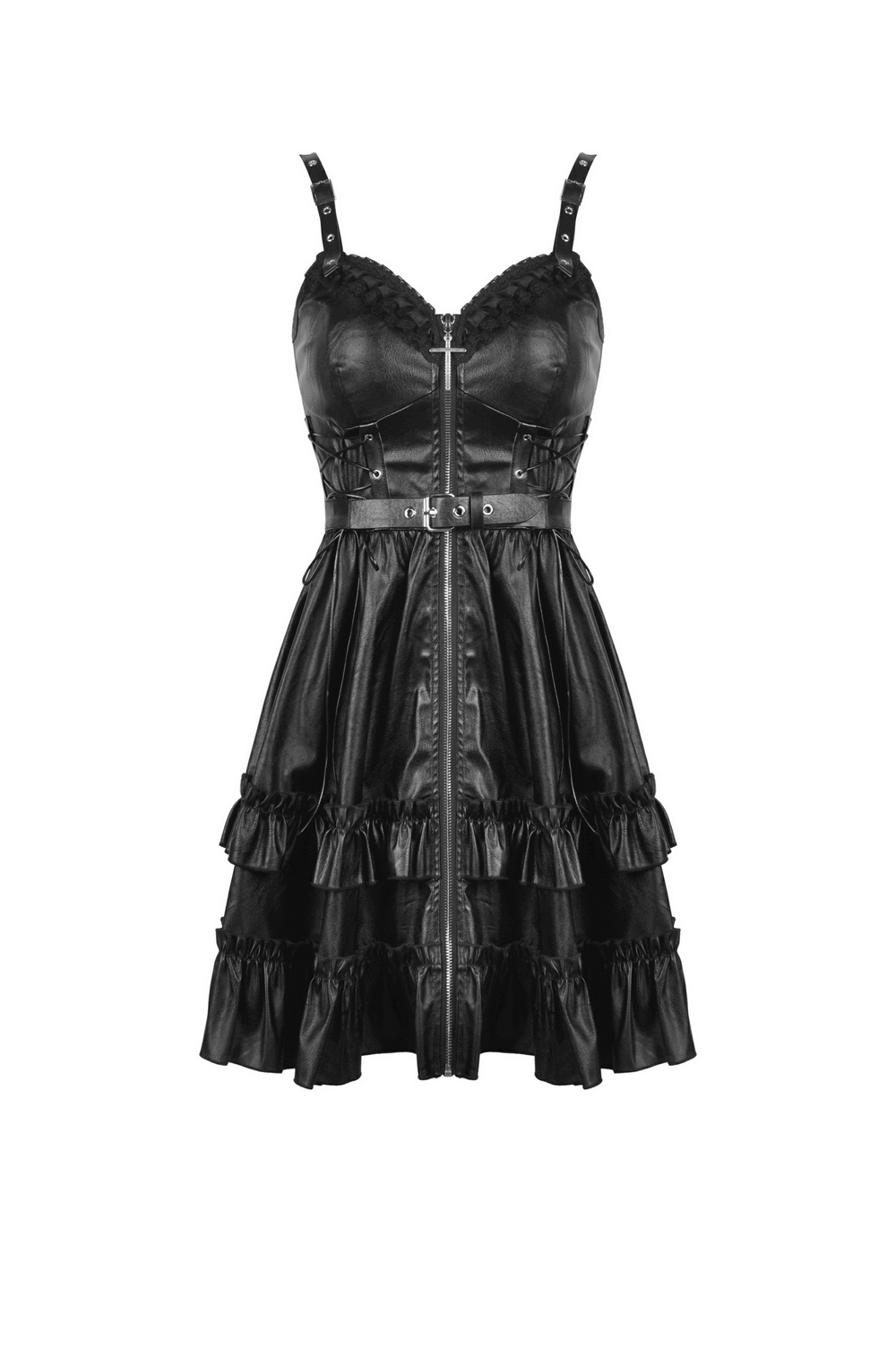 Chic Leather Dress with Ruffled Layers and Belt