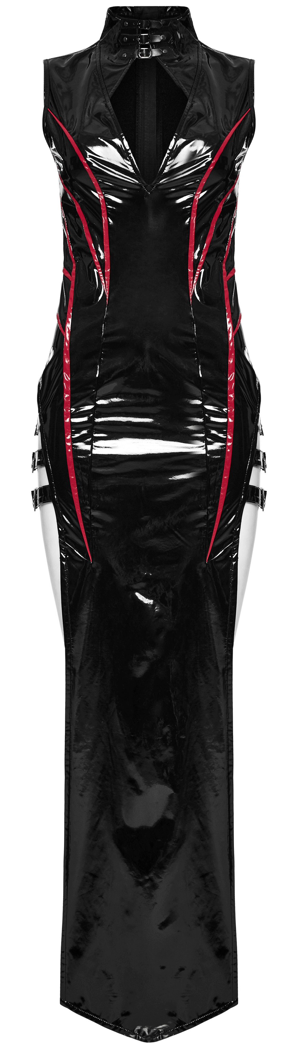 Chic Long Black Vinyl Dress with Stylish Red Ribbons