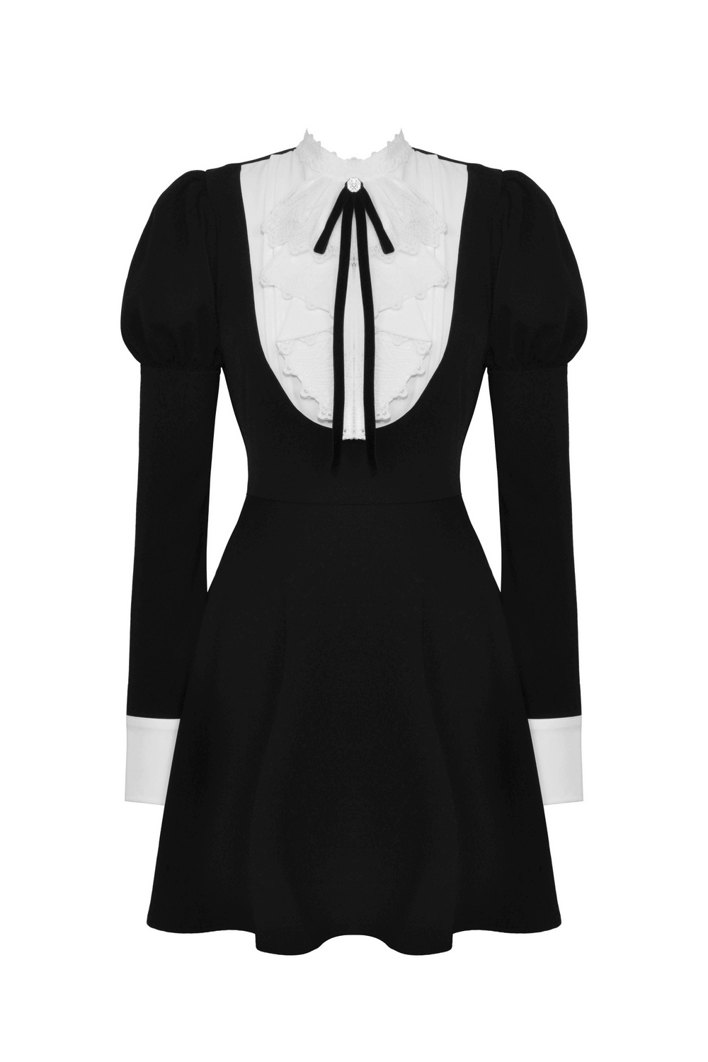 Chic Long Sleeved Dress with White Ruffled Neckline