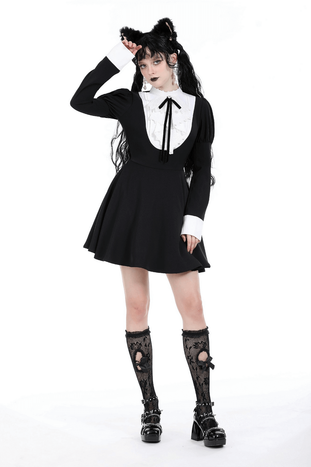 Chic Long Sleeved Dress with White Ruffled Neckline