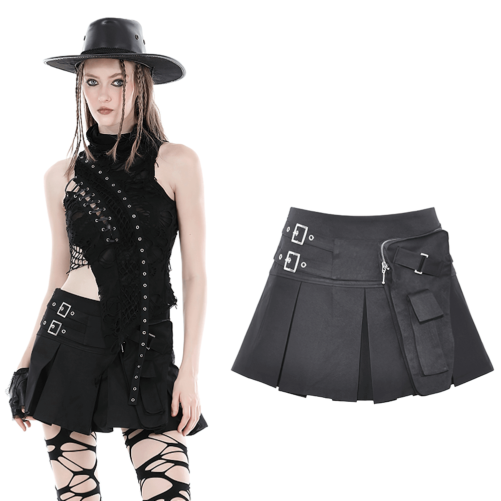 Chic Pleated Mini Skirt featuring Punk Rock Buckle Accents